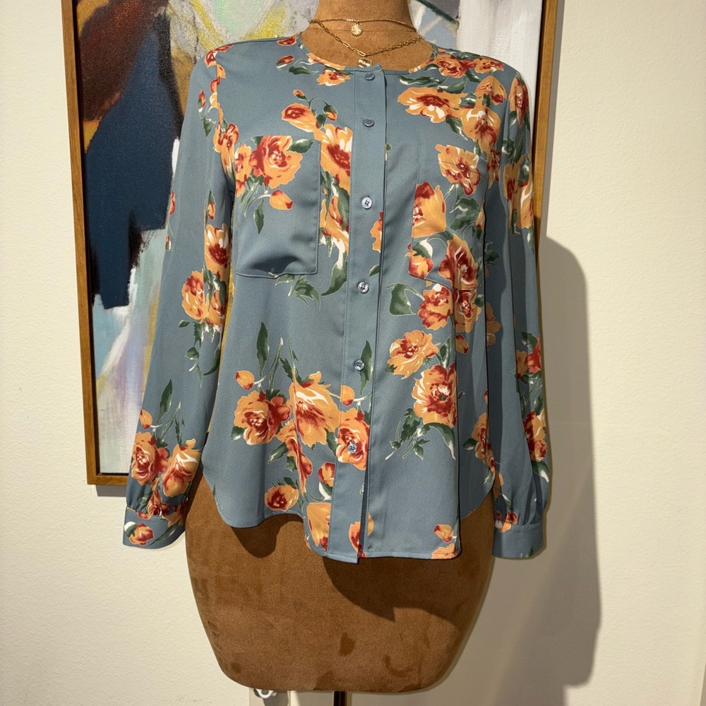 Pleione Floral Button-Down Shirt - Blue and Orange